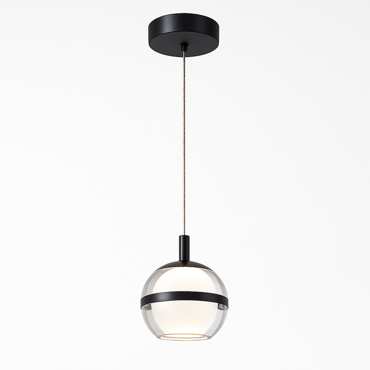 Forbes Single Black pendant light with clear glass globe and black band, suspended on a braided silver cable against a white background