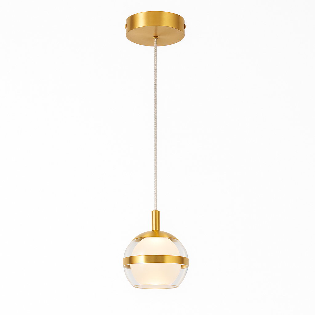 Forbes Single Gold pendant light with clear glass globe and brushed gold band, suspended on a braided silver cable against a white background.