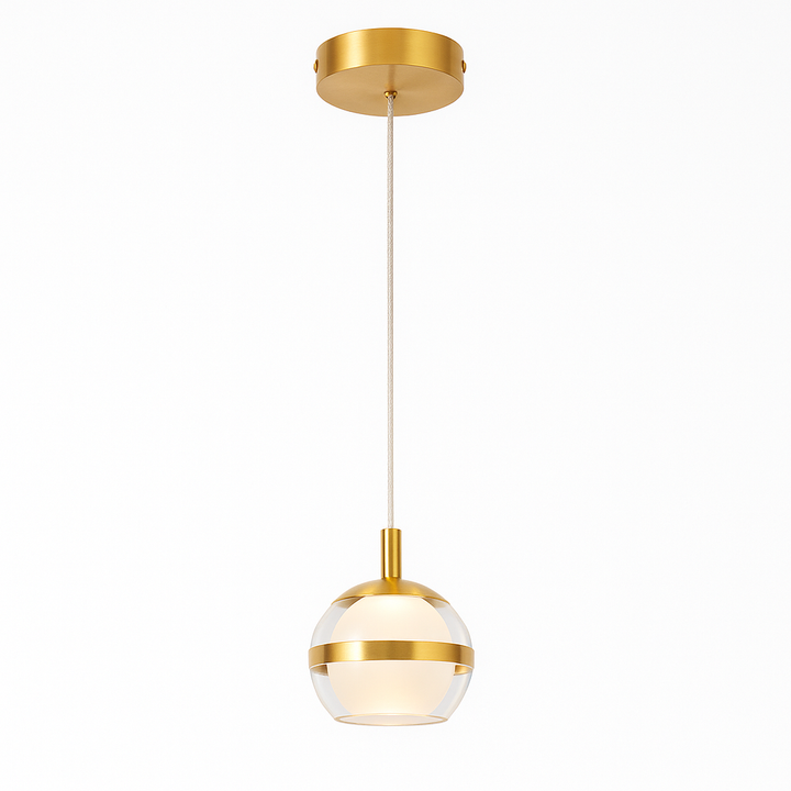 Forbes Single Gold pendant light with clear glass globe and brushed gold band, suspended on a braided silver cable against a white background.