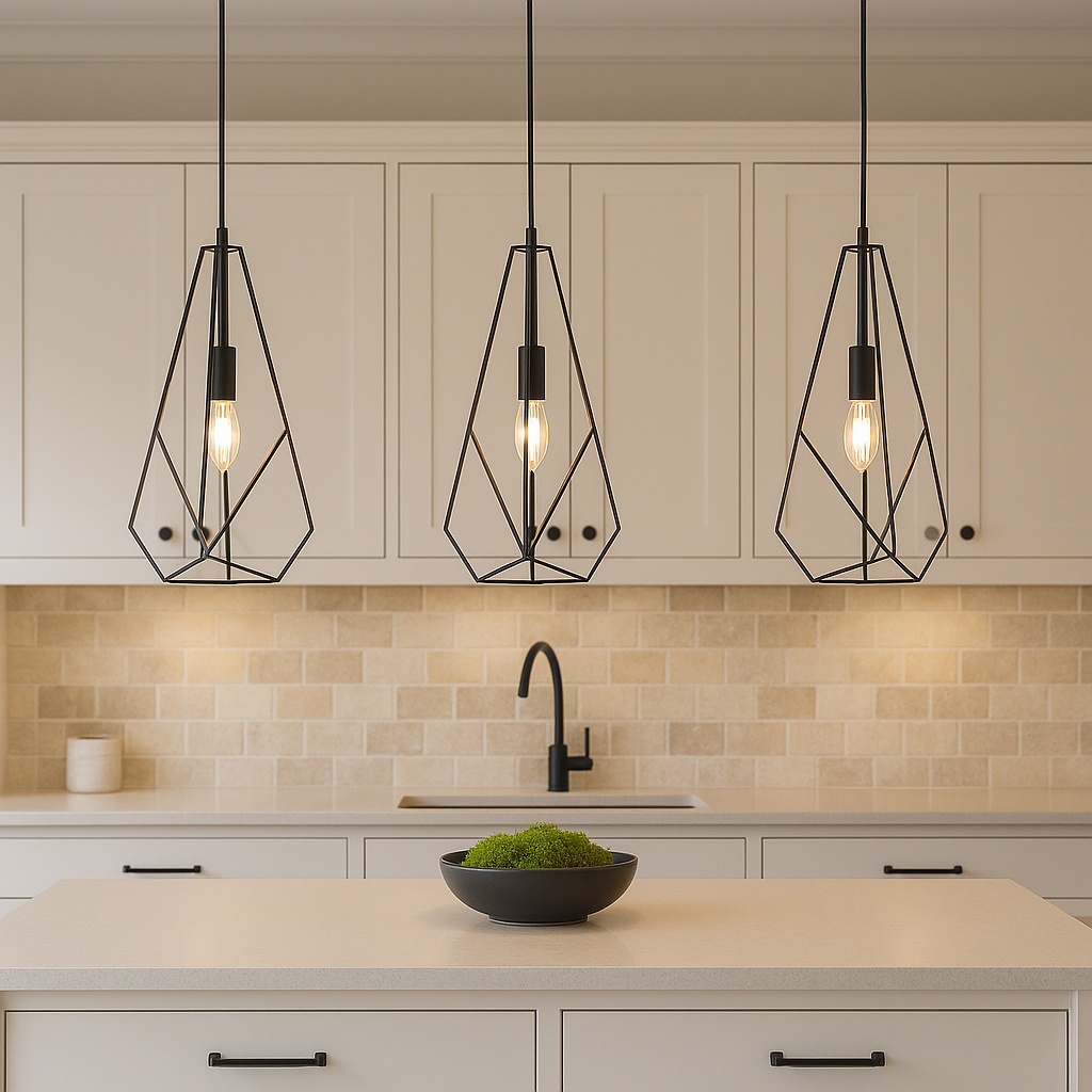 Three geometric black frame glass pendant lights hanging above a cream kitchen island with natural stone tile backsplash, black accents, and a black bowl filled with green moss.