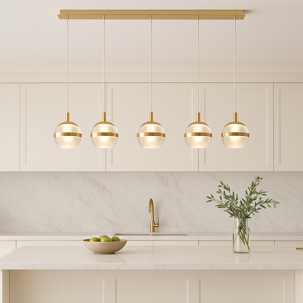 Luxury gold 5 light pendant bar with glass globe shades styled above a modern white marble kitchen island with gold accents