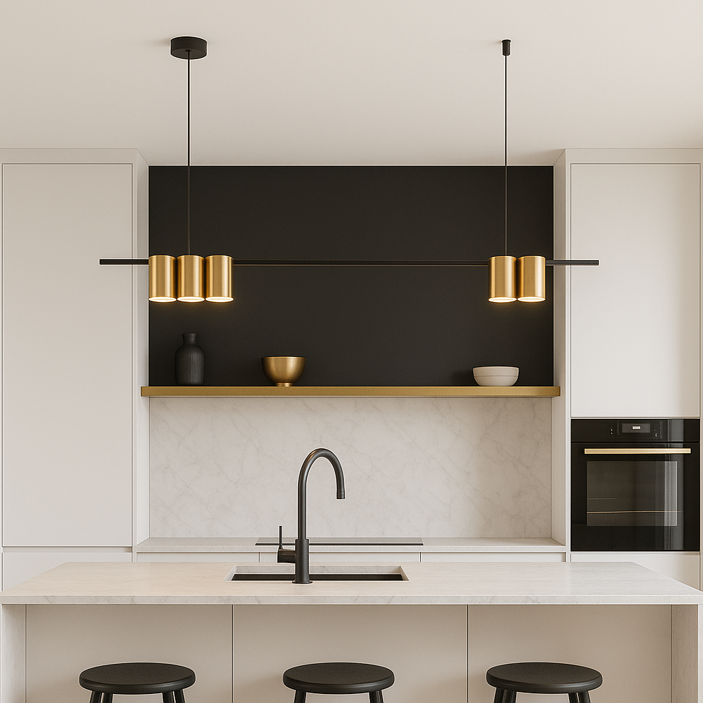 Modern gold and black bar pendant light hanging above a white cabinet kitchen island with marble and black accents