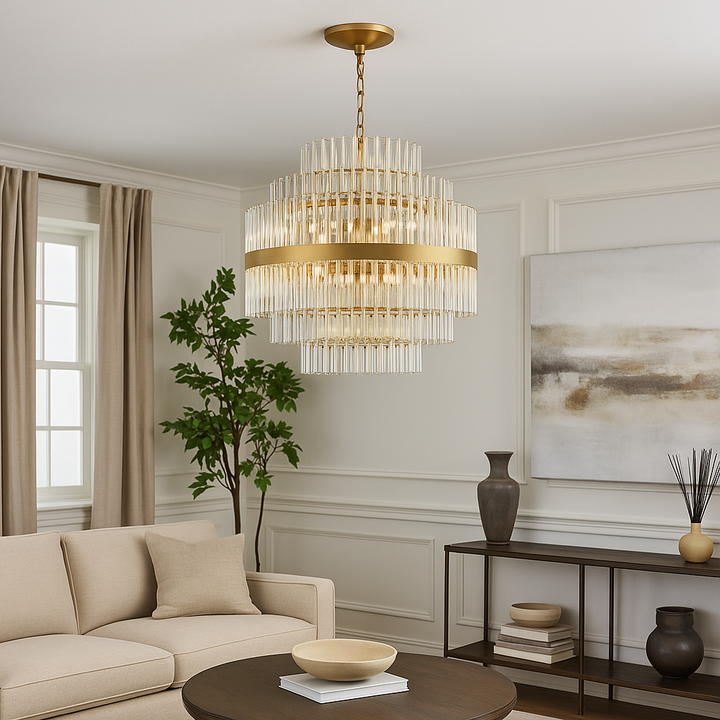 Gold crystal chandelier in luxury living room with sofa and artwork