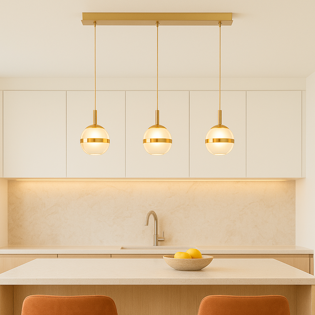 Gold glass pendant bar light with three 12cm globe shades styled above a modern light kitchen island
