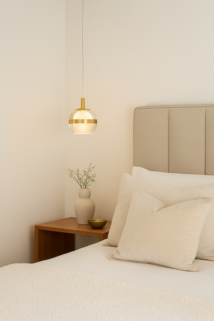 Gold bedside pendant light in a modern neutral luxury bedroom