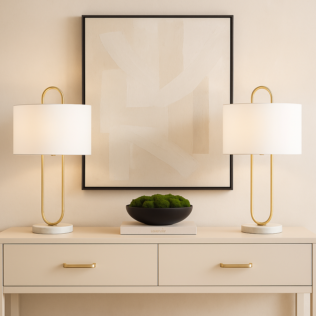 Pair of modern gold table lamps with white fabric shades and marble bases, styled on a cream console with gold handles and a central black moss bowl