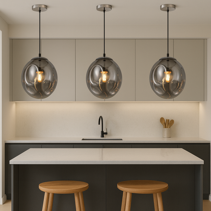Griffith smoked glass pendant lights above modern kitchen island
