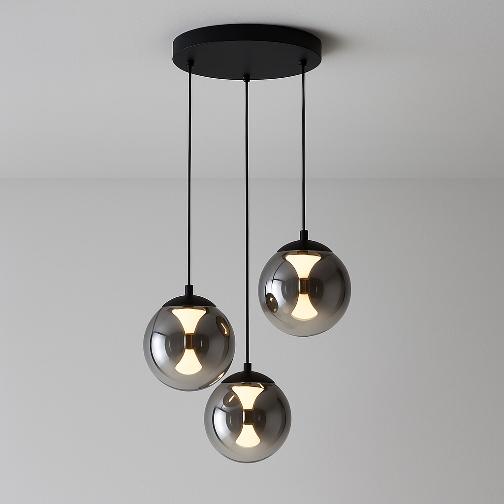 Modern Havant 3 light pendant with smoked glass globes and black ceiling plate, attached to a ceiling.