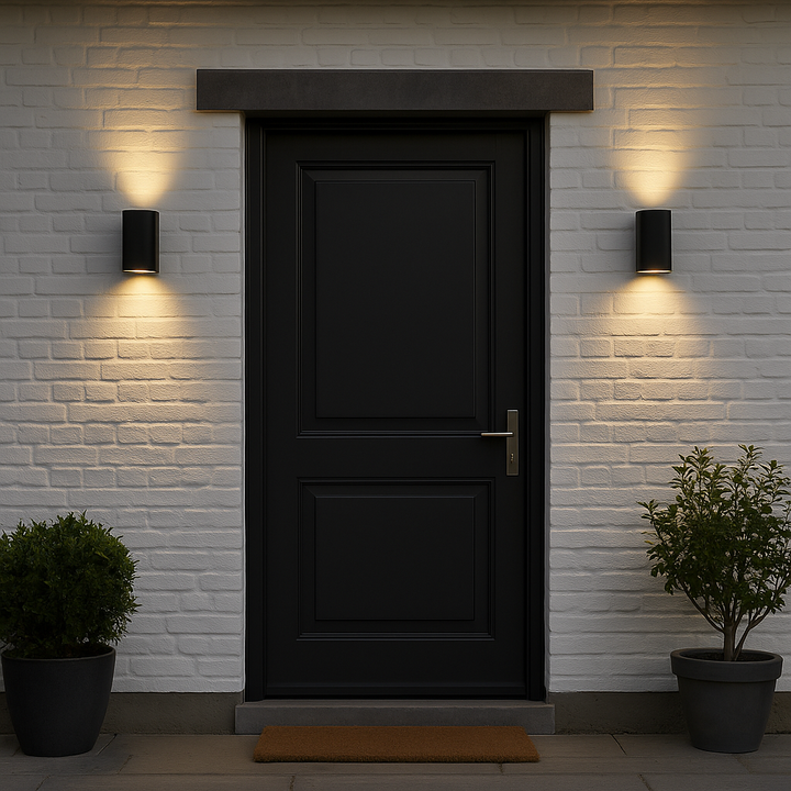 Hereford black outdoor up and down wall lights by a modern front door