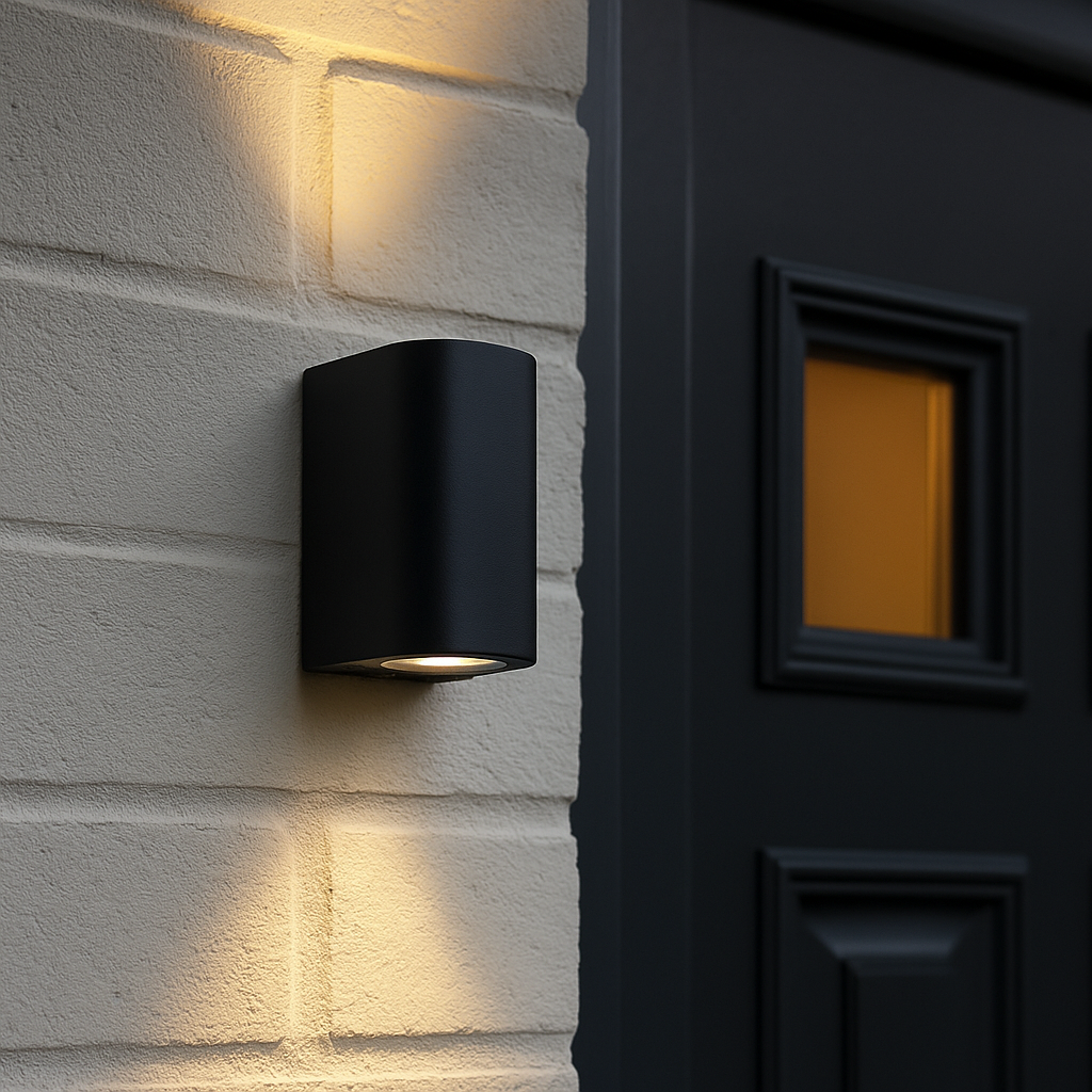 Hereford black outdoor wall light with up and down beam by front door