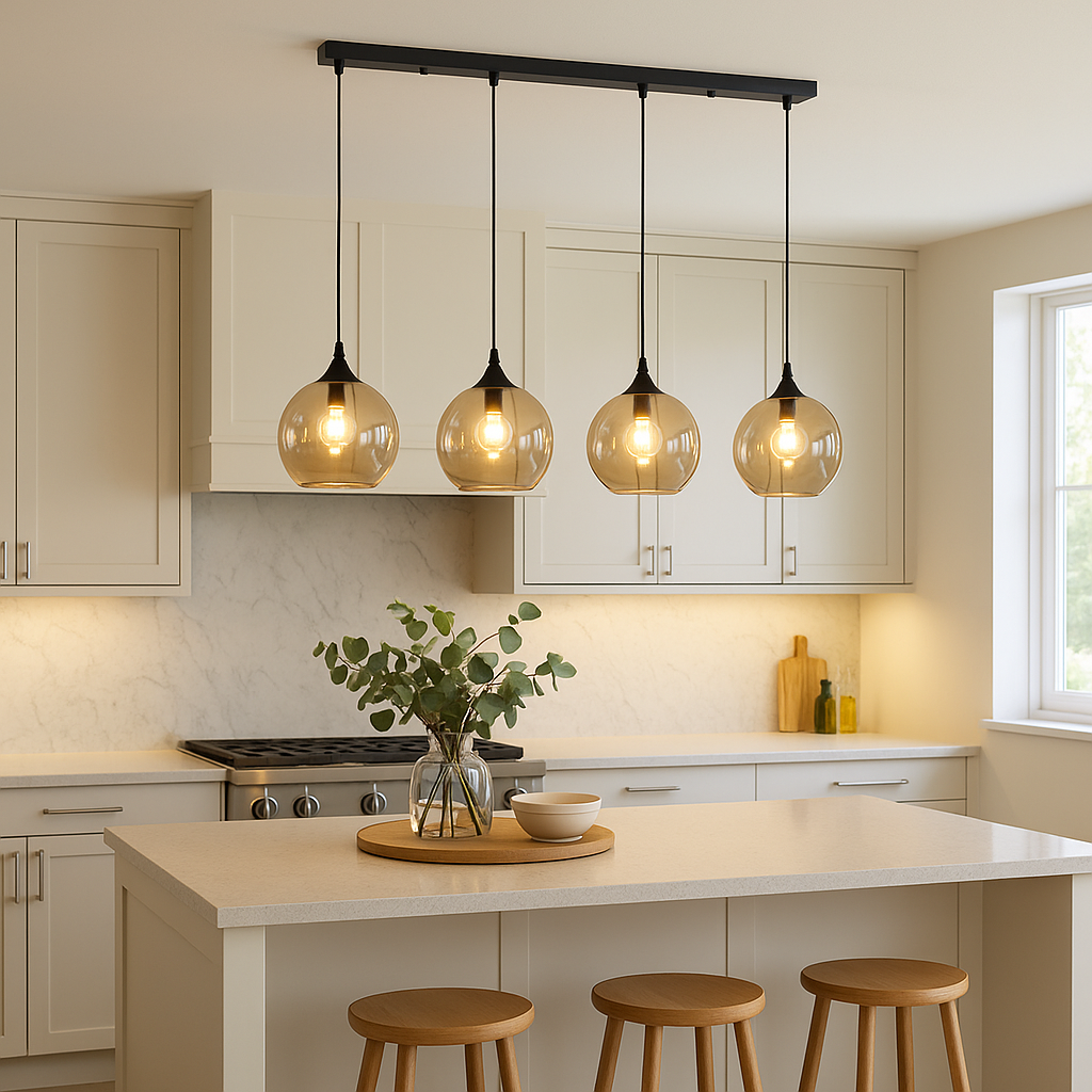 Irvine black pendant bar with four amber glass globes lit at 4000K above marble island in Scandi kitchen