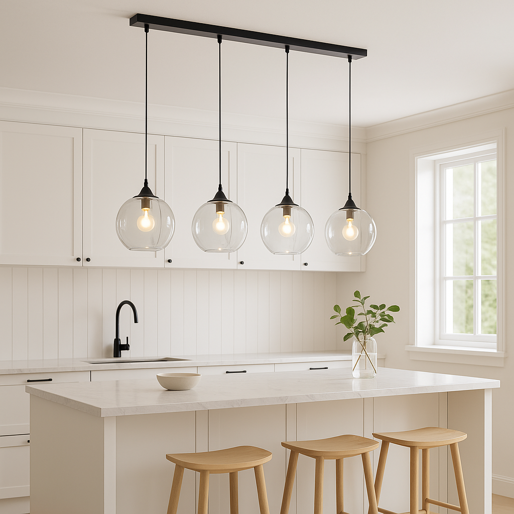 Irvine black pendant bar with clear glass globes lit at 4000K in modern Scandi kitchen