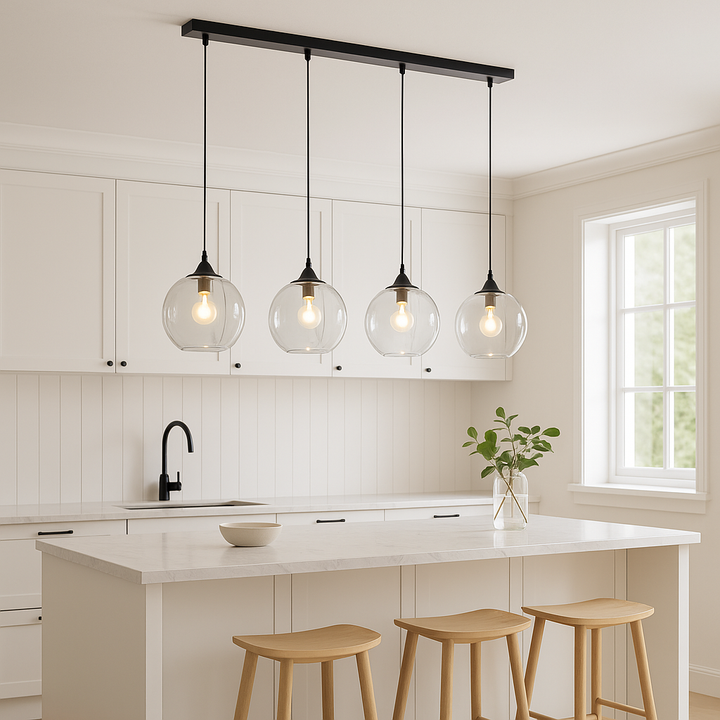 Irvine black pendant bar with clear glass globes lit at 4000K in modern Scandi kitchen