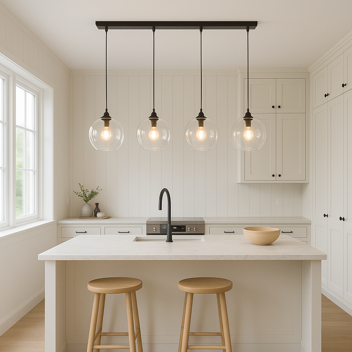Irvine black pendant bar with clear glass globes above marble island in Scandi kitchen