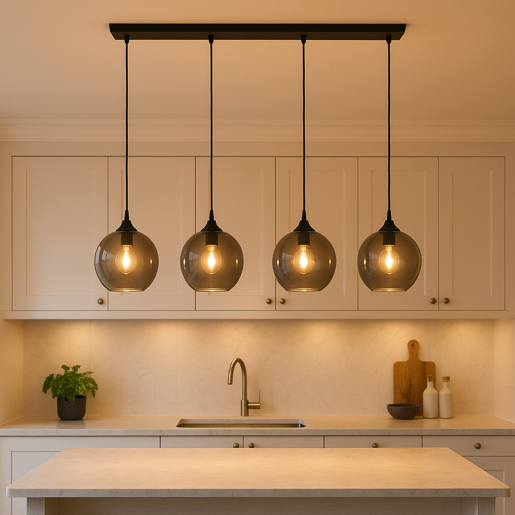 Irvine black pendant bar with smoked glass globes lit at 2700K above marble kitchen island