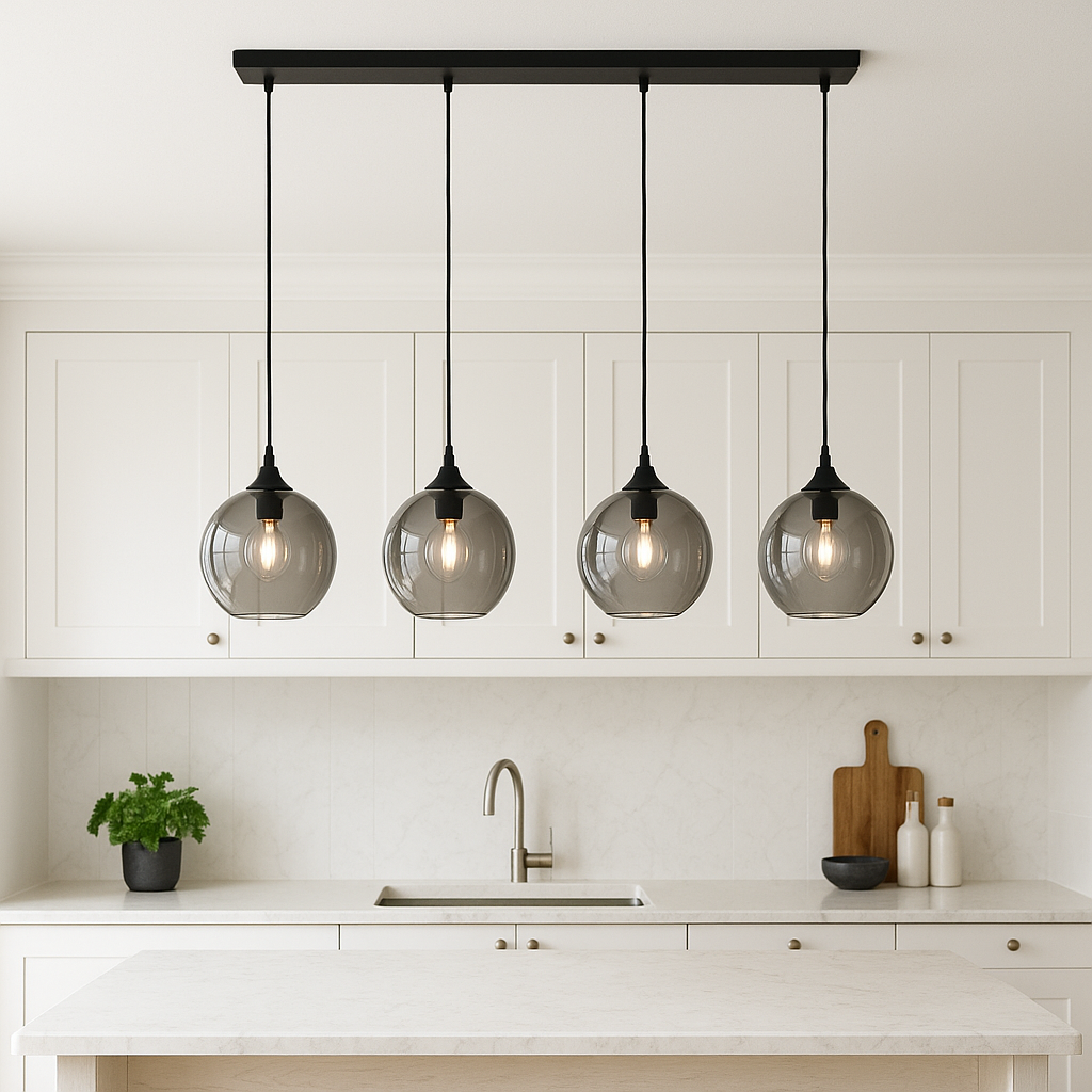 Irvine black pendant bar with smoked glass globes over marble island