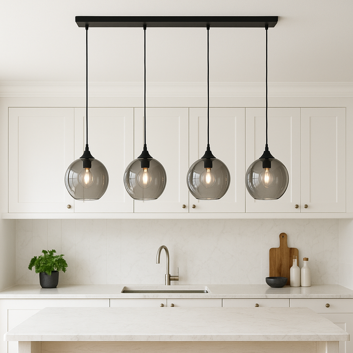 Irvine black pendant bar with smoked glass globes over marble island