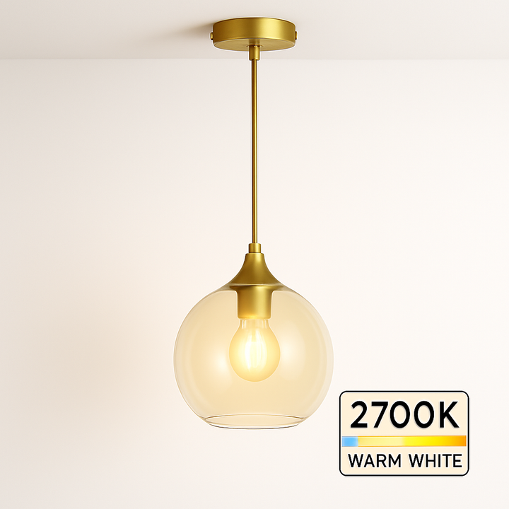 Irvine gold amber pendant light illuminated at 2700K