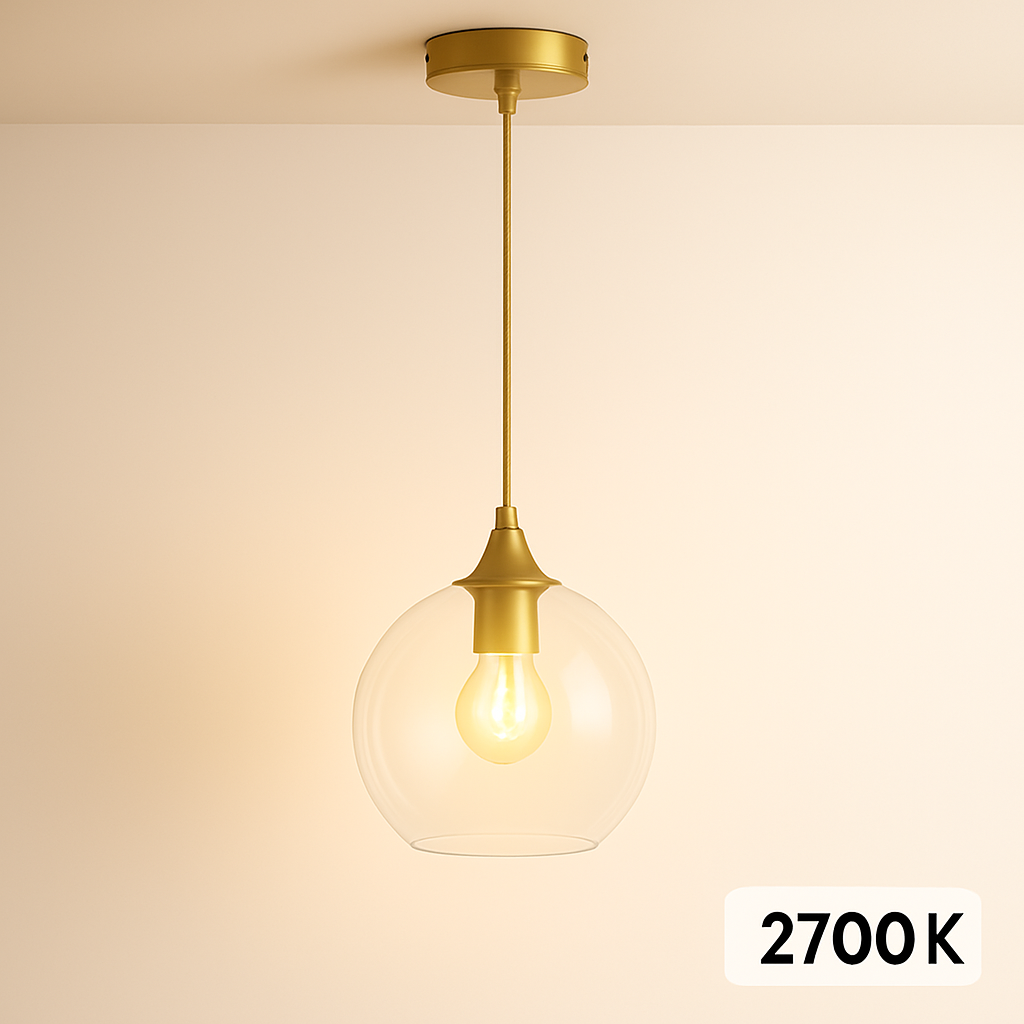Irvine gold clear pendant light glowing at 2700K
