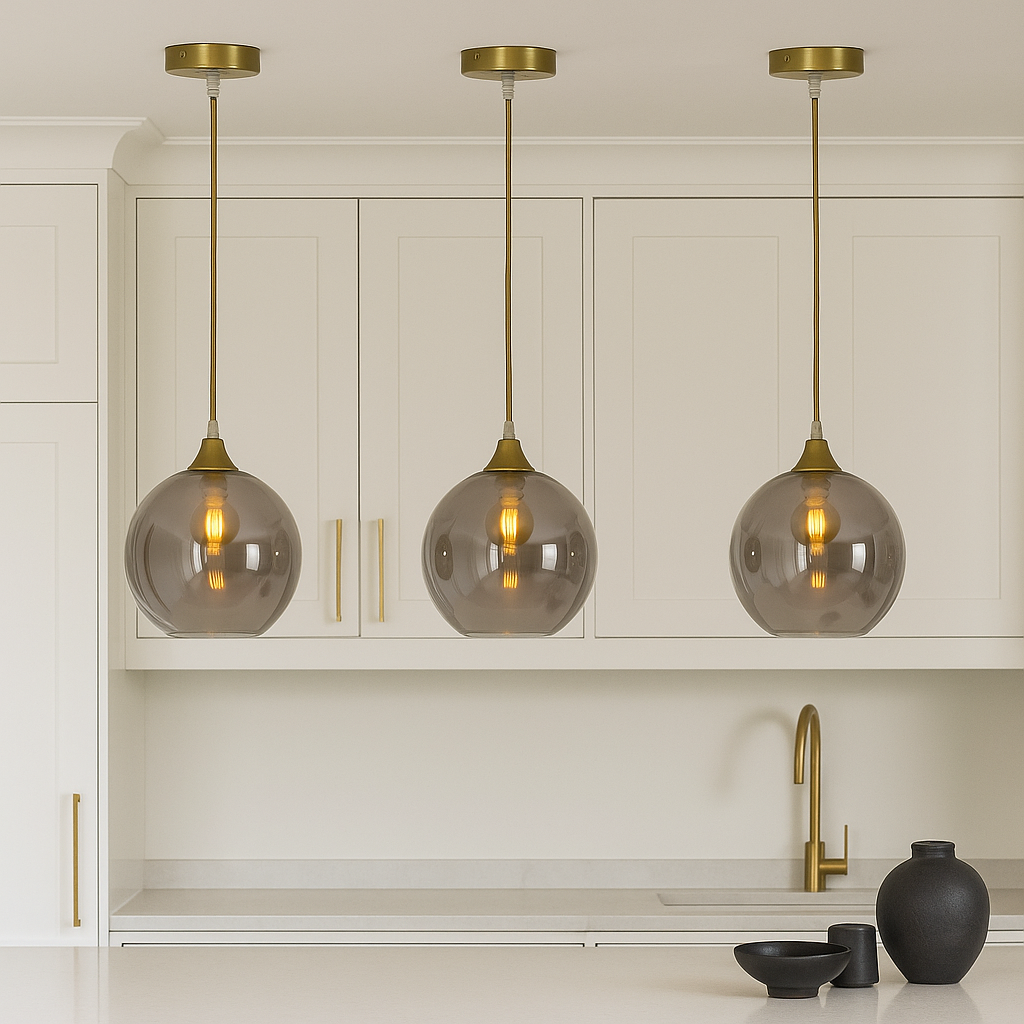 Luxury kitchen with three Irvine gold smoked glass pendant lights hung above a white island, spaced evenly with gold cabinet accents and minimal black styling pieces.