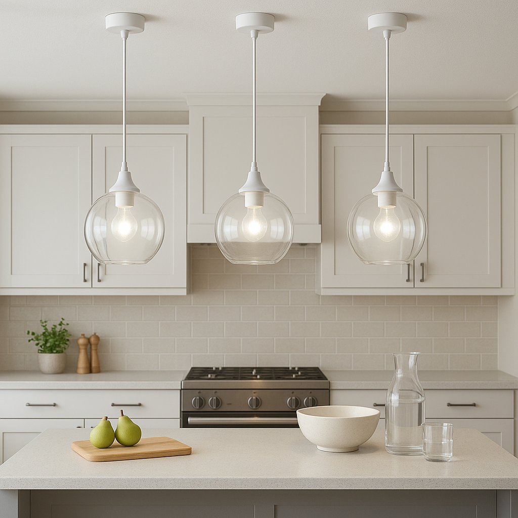 Three Irvine white pendants above kitchen island