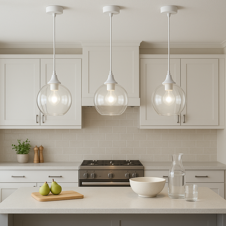 Three Irvine white pendants above kitchen island