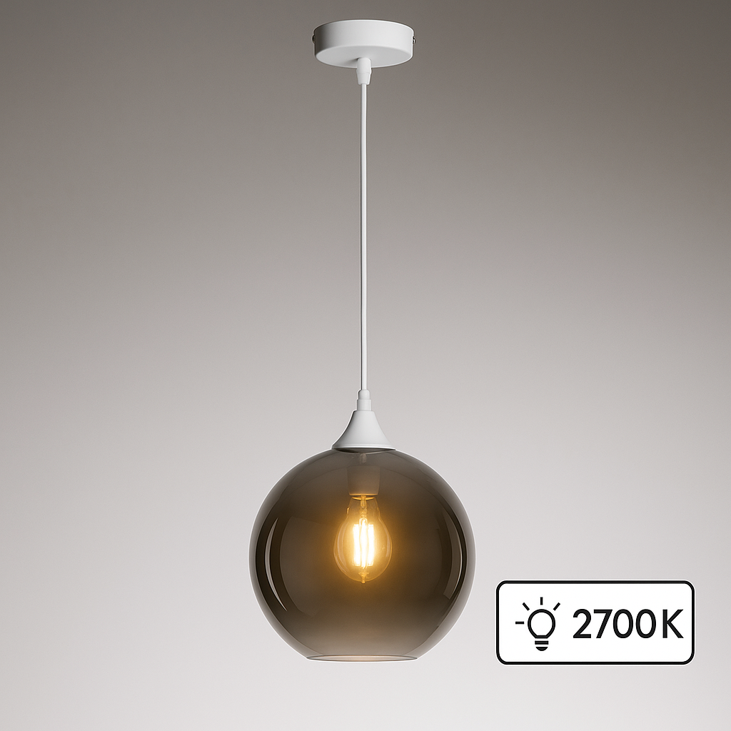 Irvine white pendant smoked glass lit 2700k