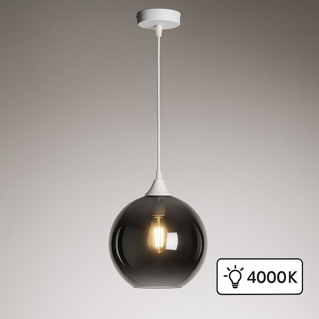 Irvine white pendant smoked glass lit 4000k