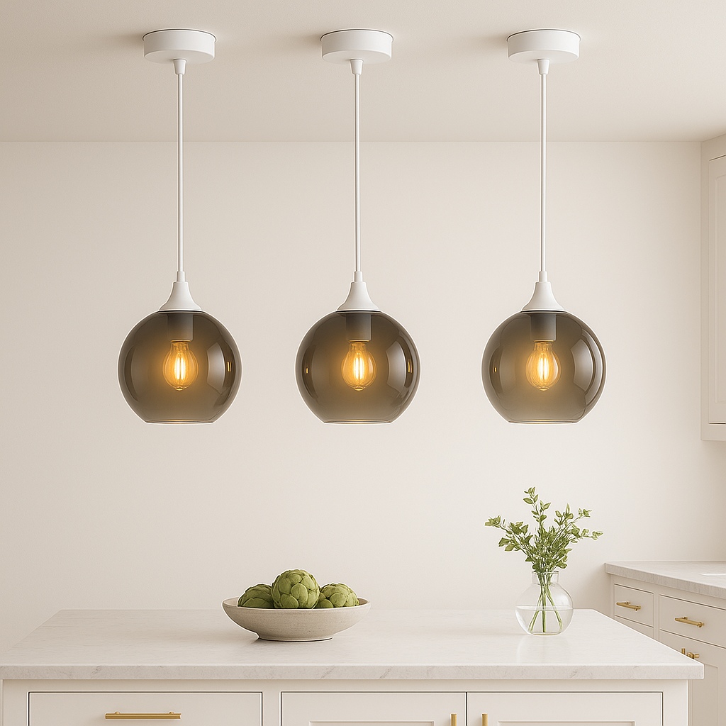 Three Irvine white smoked glass pendants above white kitchen island 3000k
