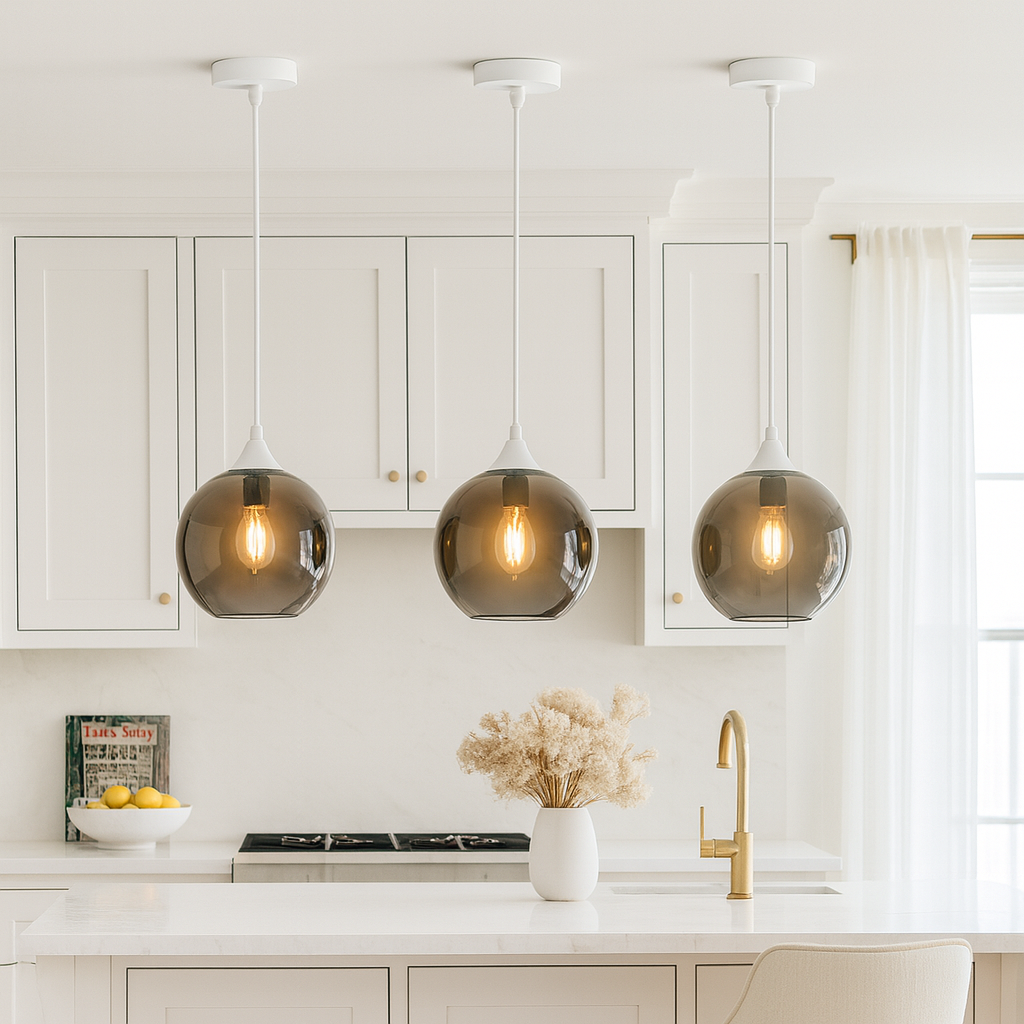 Three Irvine white smoked glass pendants above white kitchen island