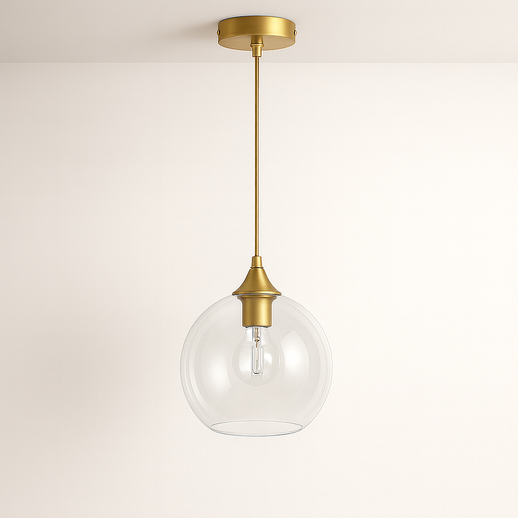 Clear glass globe pendant light with gold fitting and fabric cord