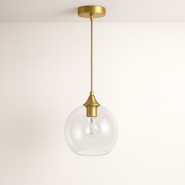 Clear glass globe pendant light with gold fitting and fabric cord