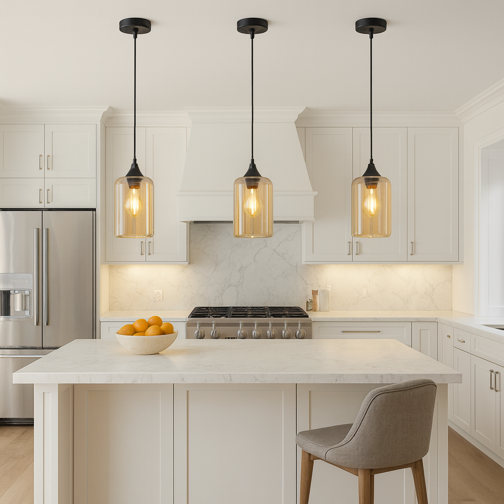 Lexington amber glass pendant lights in white kitchen