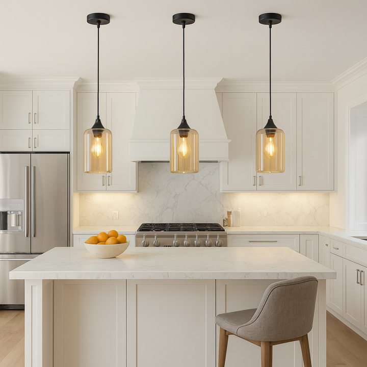 Lexington amber glass pendant lights in white kitchen