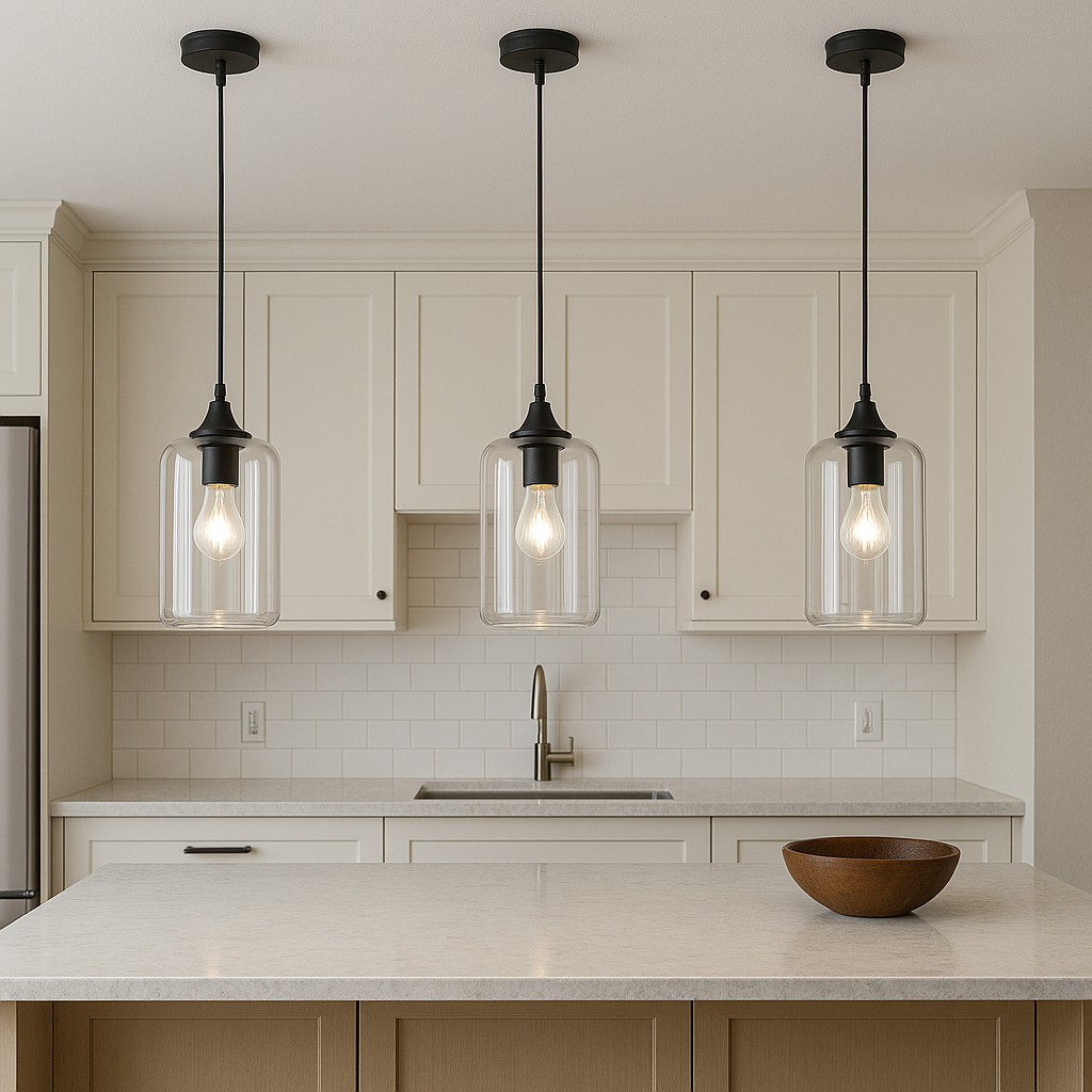 Lexington black glass pendant lights above kitchen island
