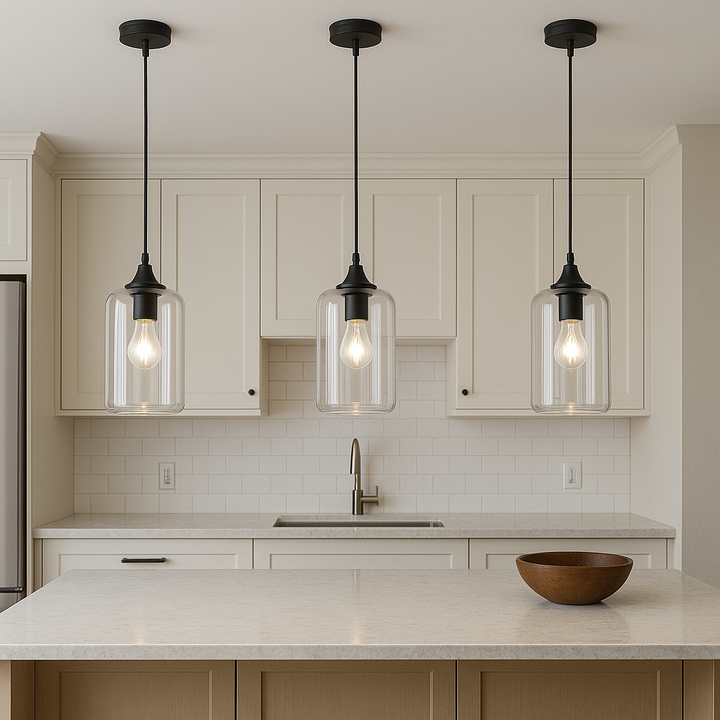 Lexington black glass pendant lights above kitchen island