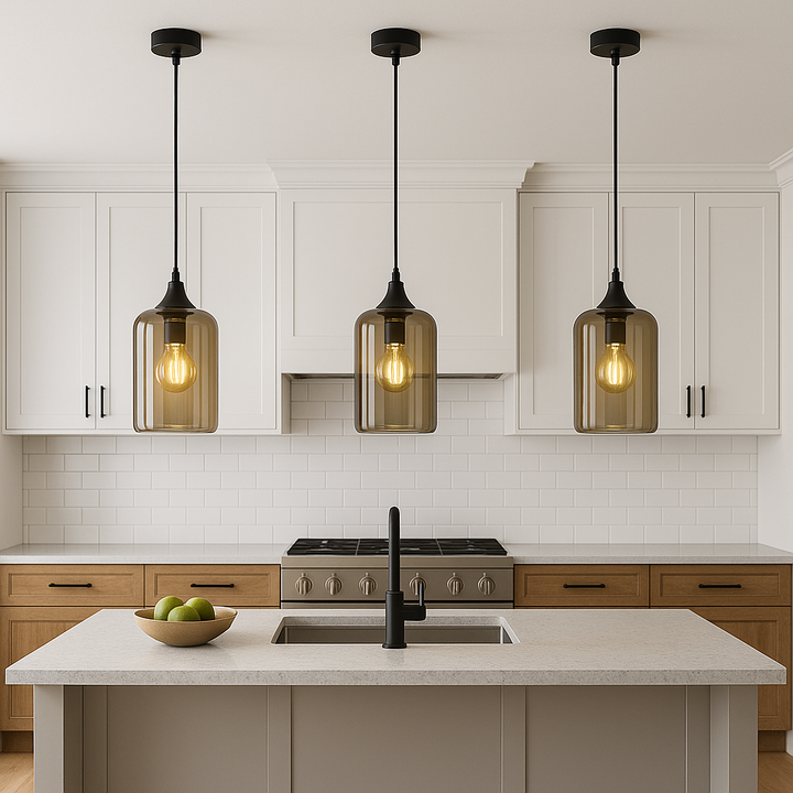 three smoked glass pendant lights above kitchen island