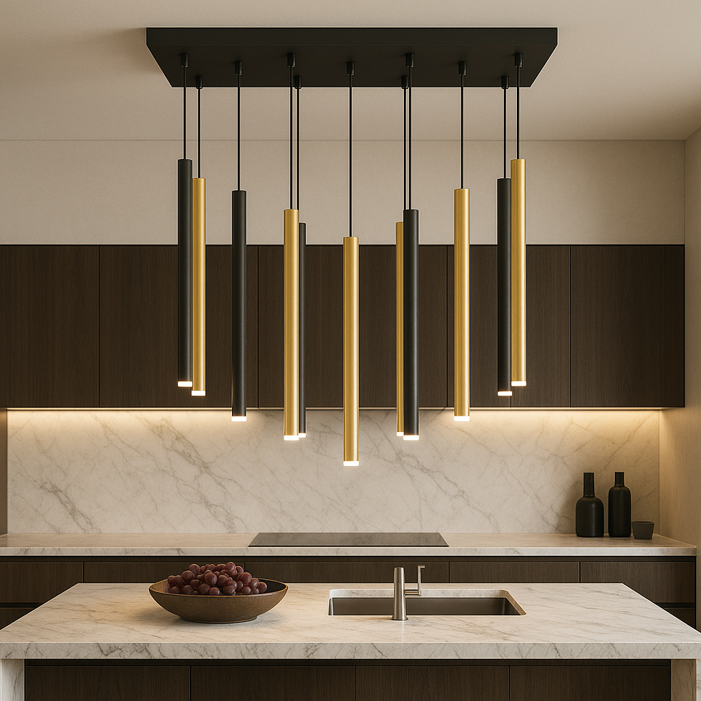 Lisbon black and gold rectangular pendant light above a luxury marble kitchen island with modern dark cabinetry.