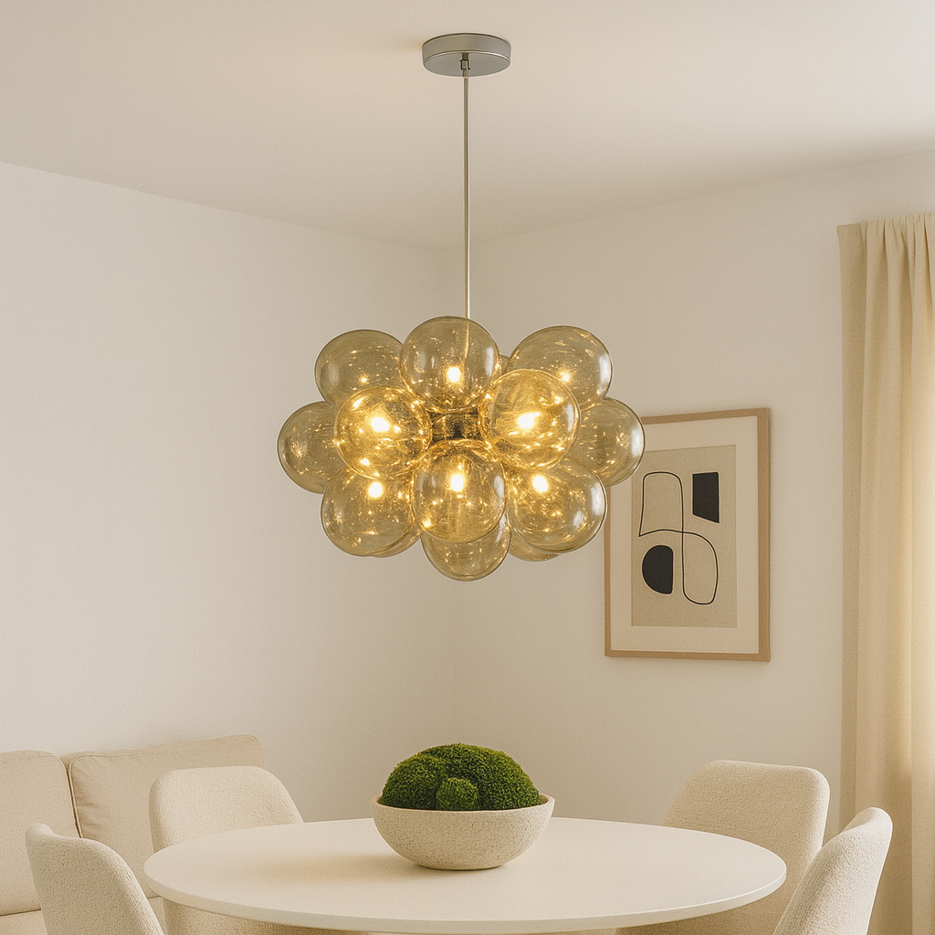 Amber bubble chandelier above table