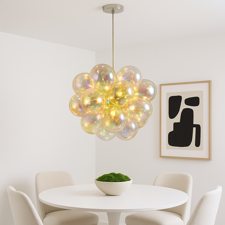 Iridescent pendant chandelier above table