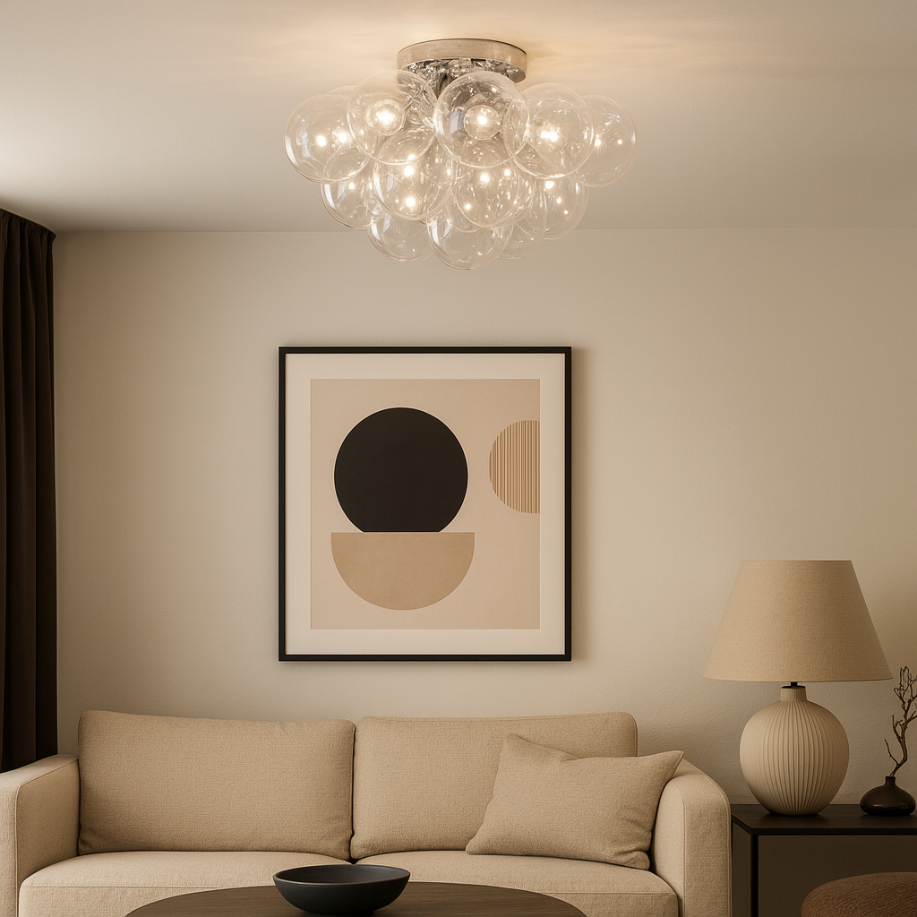 Modern glass bubble flush ceiling light in a luxury living room with neutral décor
