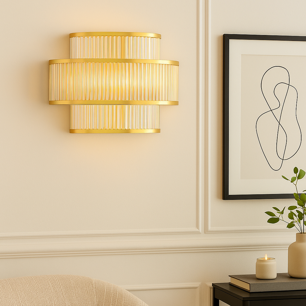 Lucia gold wall light beside artwork in luxury hallway