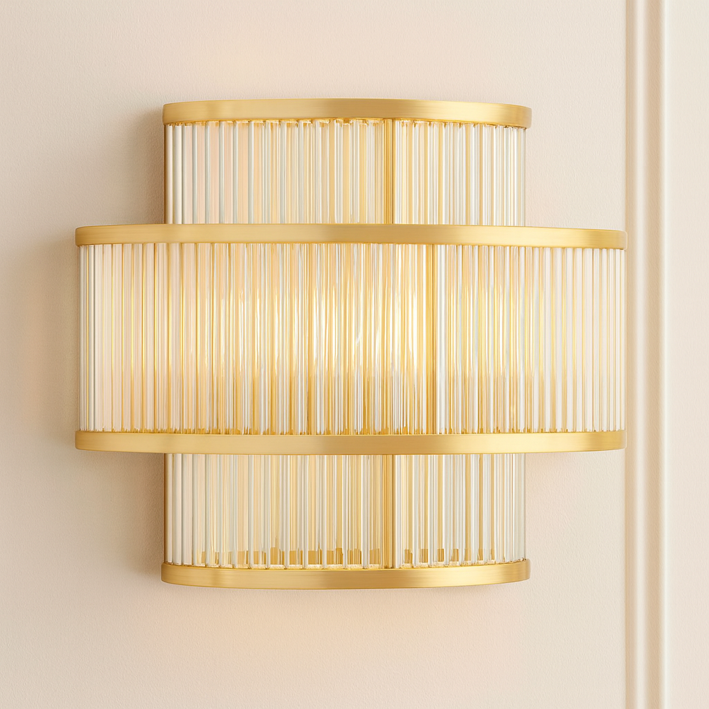 Lucia gold wall light with ribbed glass detailing