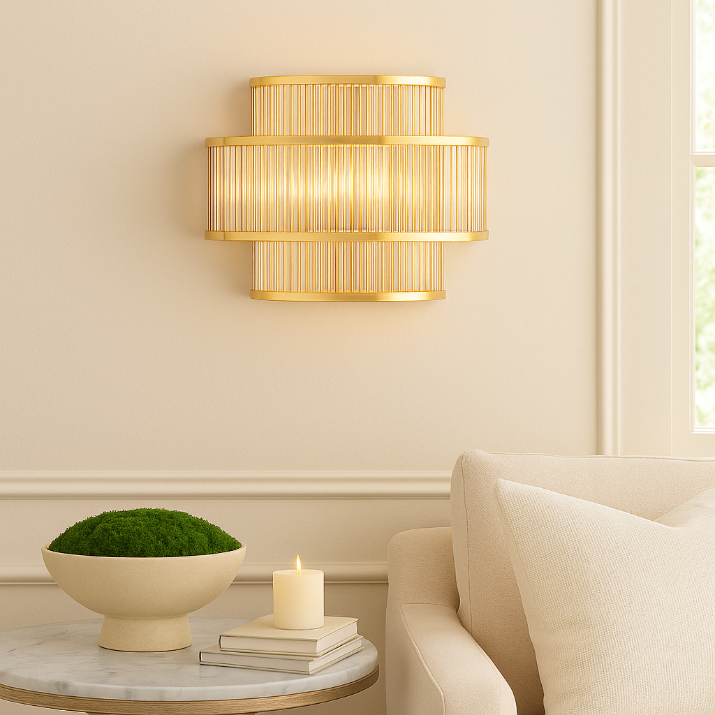 Lucia polished gold wall light in luxury living room