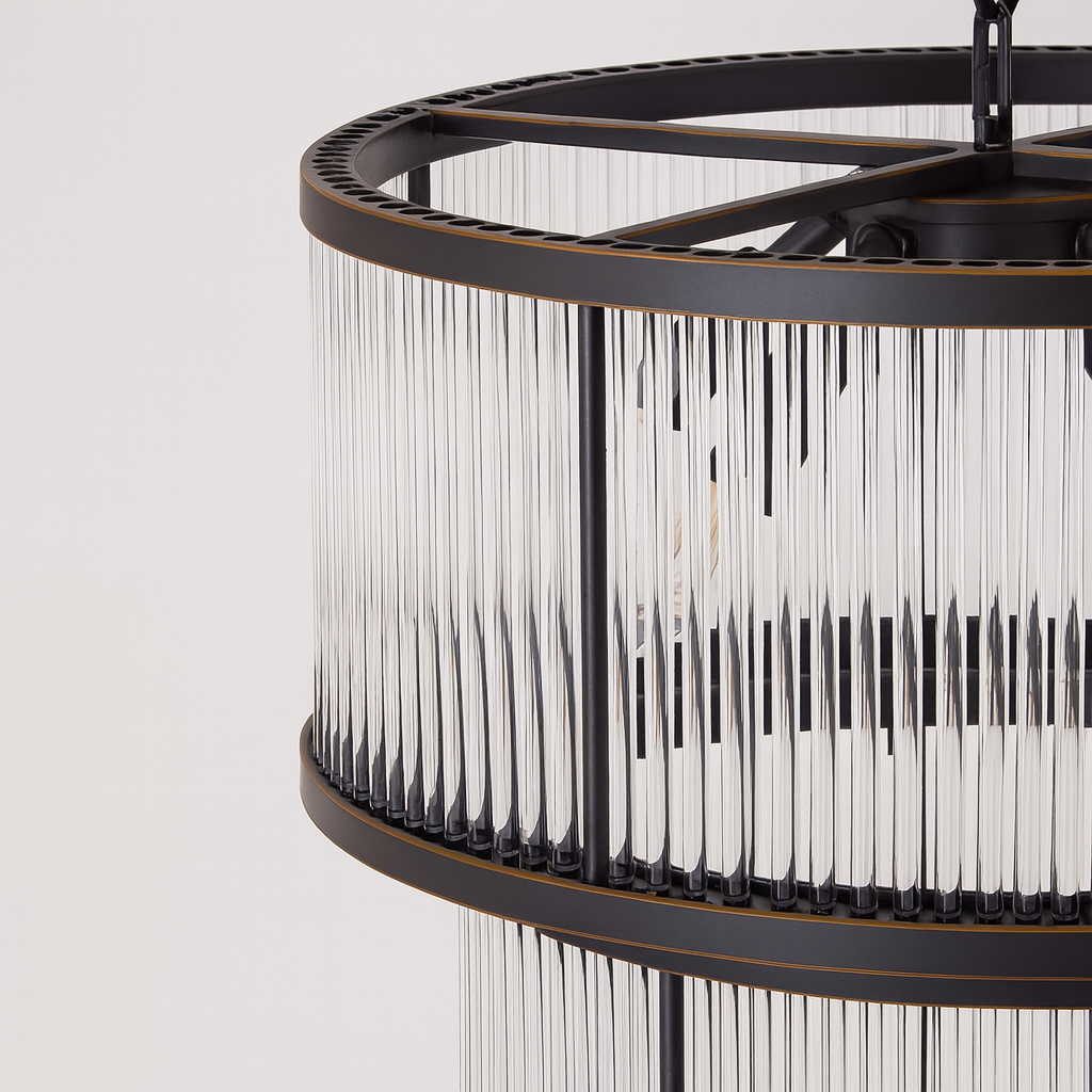 Lucia two tier black chandelier close up glass rods