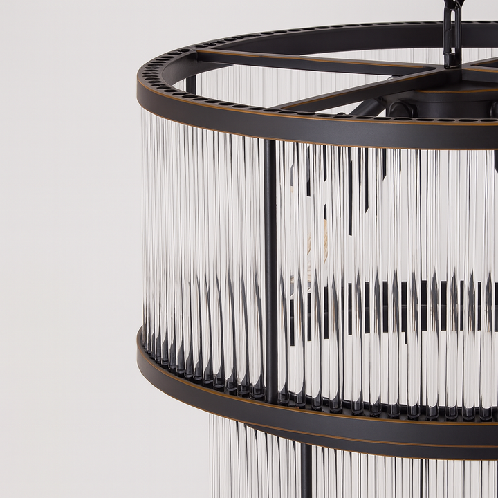 Lucia two tier black chandelier close up glass rods