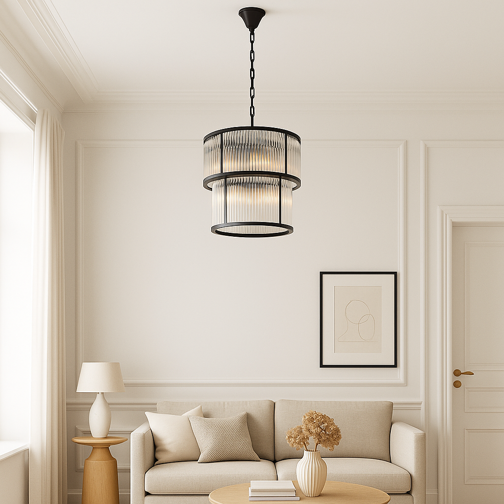 Lucia two tier black chandelier attached to ceiling in living room