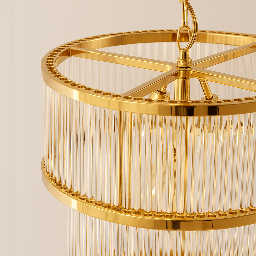 Lucia two tier gold chandelier close up showing polished gold frame and glass rods