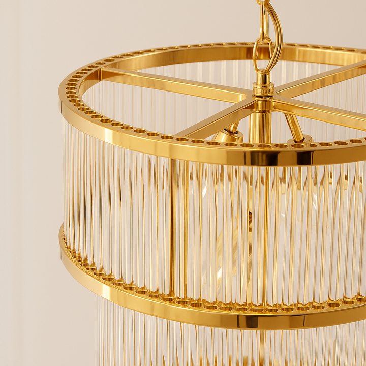 Lucia two tier gold chandelier close up showing polished gold frame and glass rods