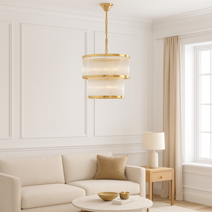 Lucia two tier polished gold chandelier in modern living room